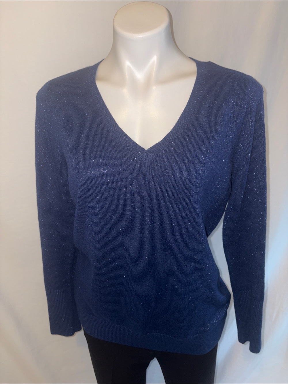 White House Black Market Beautiful Navy Sparkle V-Neck Sweater